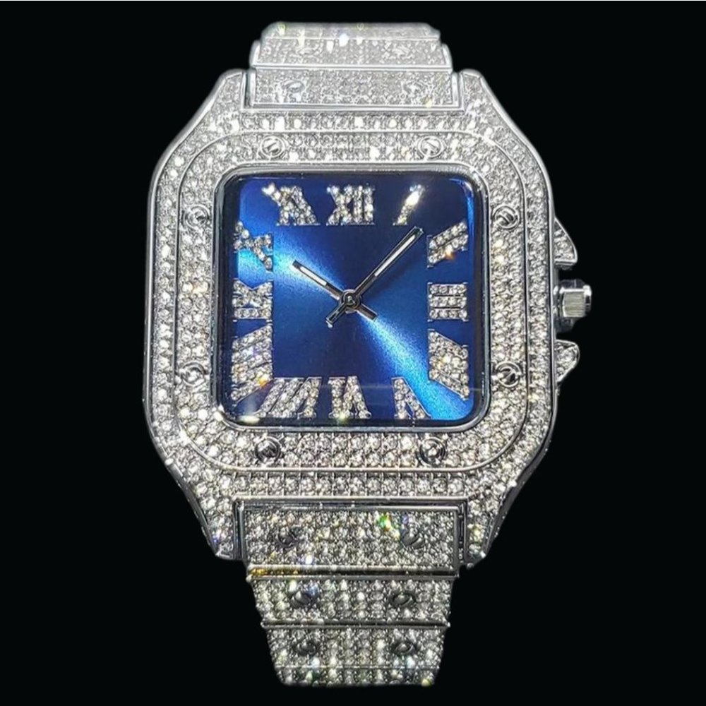 Luxury Iced Out Square Body Blue Detailed Watch